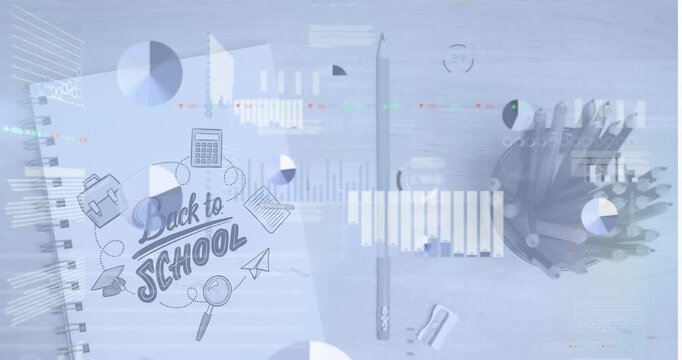 Animation of data processing over back to school text and school equipment