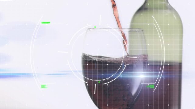 Animation of circular scanner processing over red wine pouring into glass and blue light on white