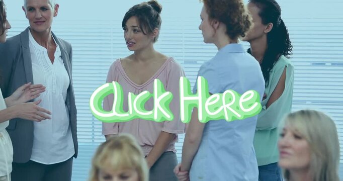 Animation of click here text over diverse business people in office