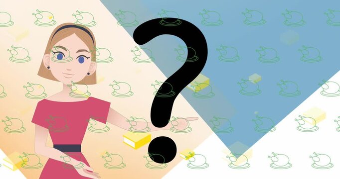 Animation of question mark over book, teacher and chicken icons