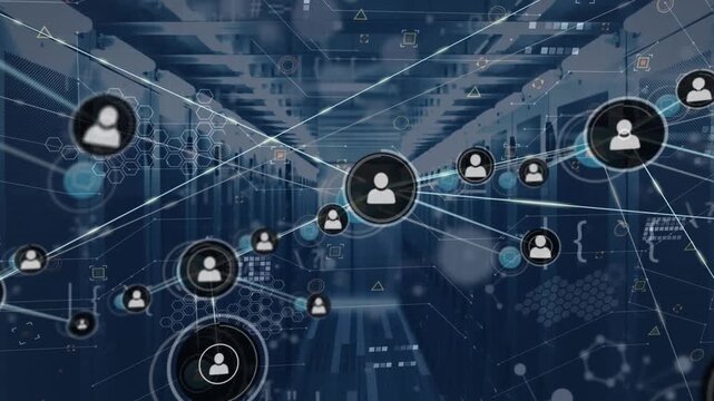 Animation of network of connections with icons and data processing over server room