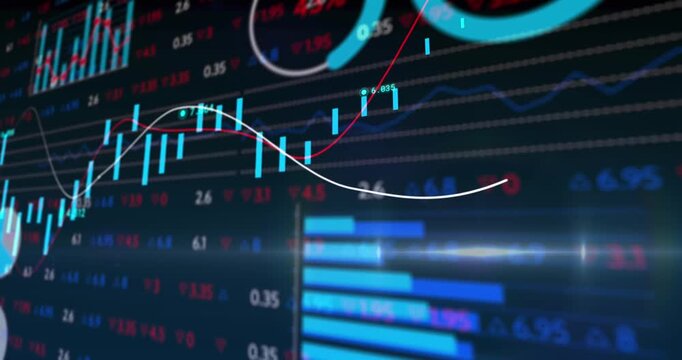 Animation of statistical and stock market data processing against blue background