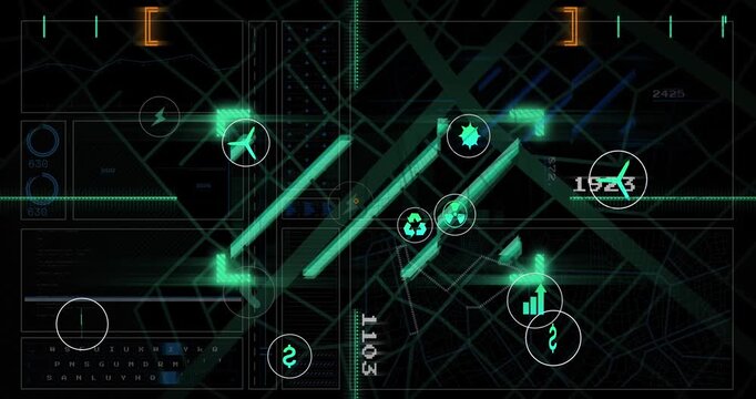 Animation of icons, graph, loading circles and changing numbers over navigation pattern