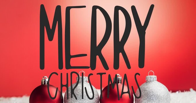 Animation of merry christmas text banner over baubles against pink gradient background