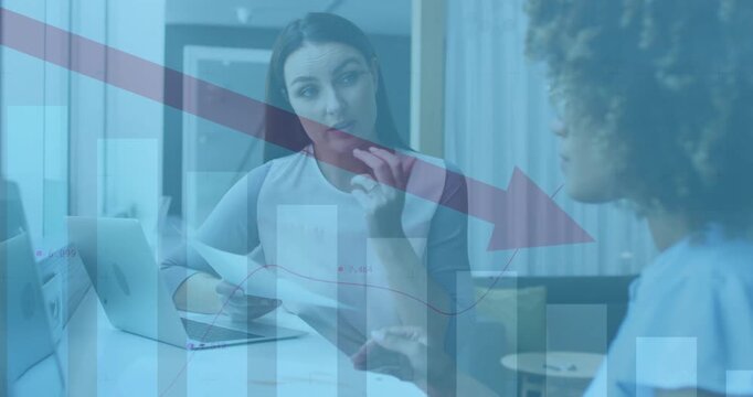 When downward graph appearing over laptop finance advisor pointing at report and client noting data