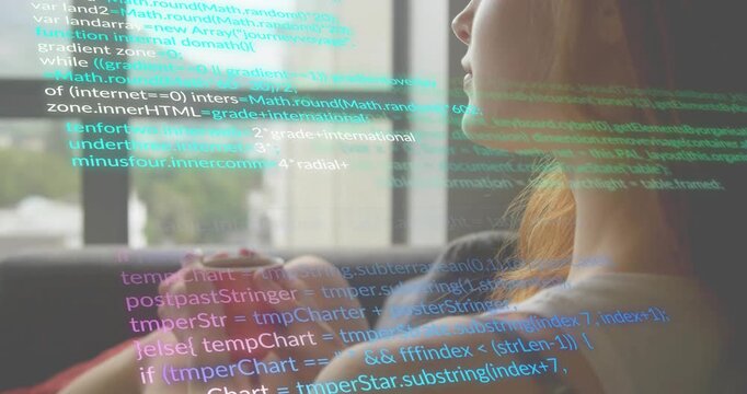 Woman cradling mug by window gazing out as transparent code scrolling and visualizing tech flow