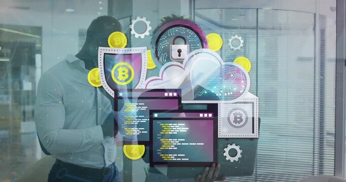 Woman presenting tablet and starting cloud security crypto overlaying tablet while peer reviewing