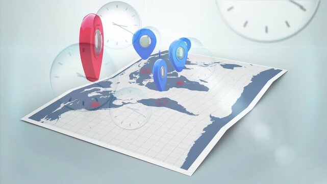 3D curved map showing red pin rising blue pins grouping clocks drifting, marking points and zones
