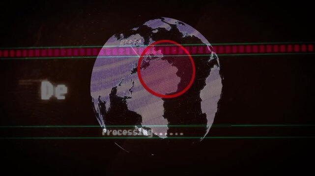 Deleting message fading in starting globe rotating, plane moving to pulsing target for data purge