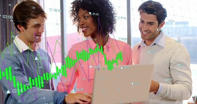 3 coworkers aligning laptop and analyzing finance charts with overlay showing data causing smiles