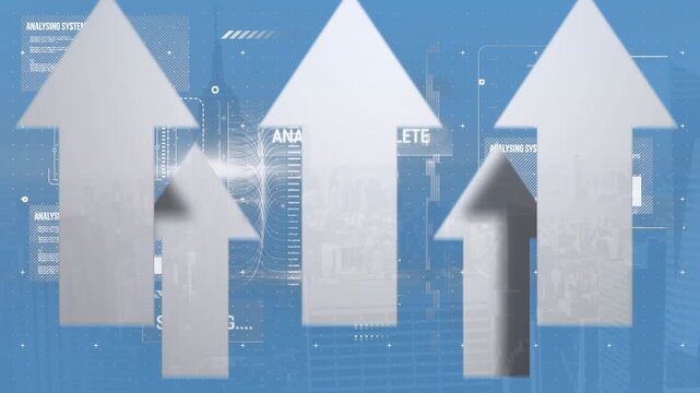 Multiple arrows moving upwards and digital interface with data processing against cityscape