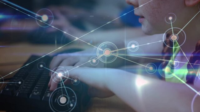 Network of connections against close up of caucasian girl using computer at school