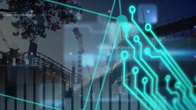 Animation of computer circuit board and data processing over construction site
