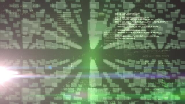 Animation of light trails and padlock icon over data processing on black background