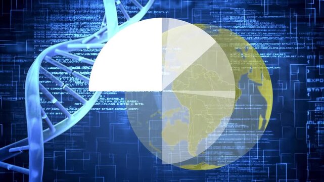 Animation of dna, graphs and data processing on blue background