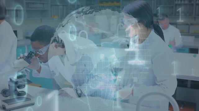 Animation of globe, binary coding and data processing over diverse scientists in laboratory