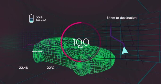 Animation of data processing over digital car on black background