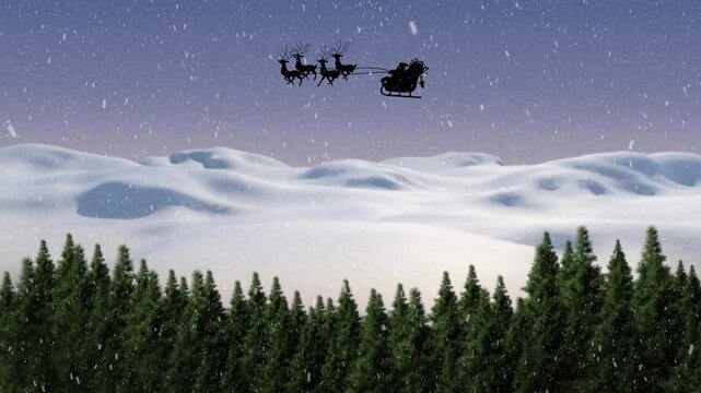 Animation of snow and santa claus in sleigh with reindeer over winter landscape at christmas