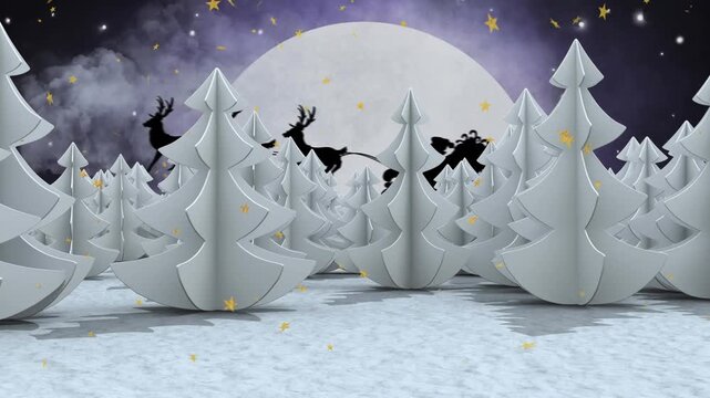 Animation of winter scenery with santa in sleigh golden confetti falling
