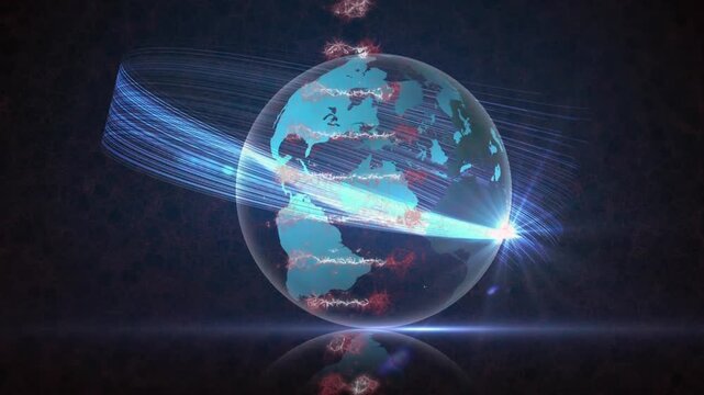 Animation of dna helix over lens flare revolving around globe and forming abstract pattern