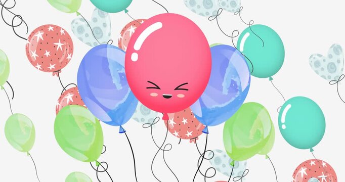 Animation of emoji and stars on multicolored balloons moving on white background