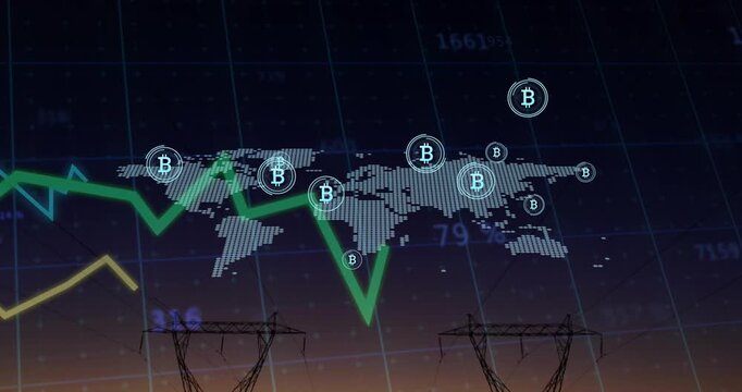 Animation of graphs with numbers and bitcoin icons over map against transmission towers