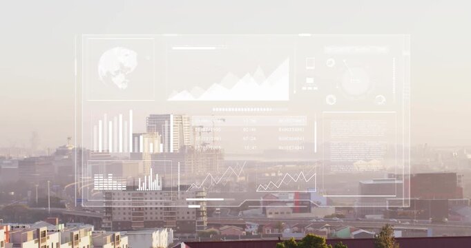Animation of interface with data processing against aerial view of cityscape