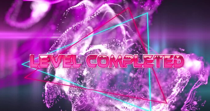 Animation of level completed text over neon triangular banner against purple background