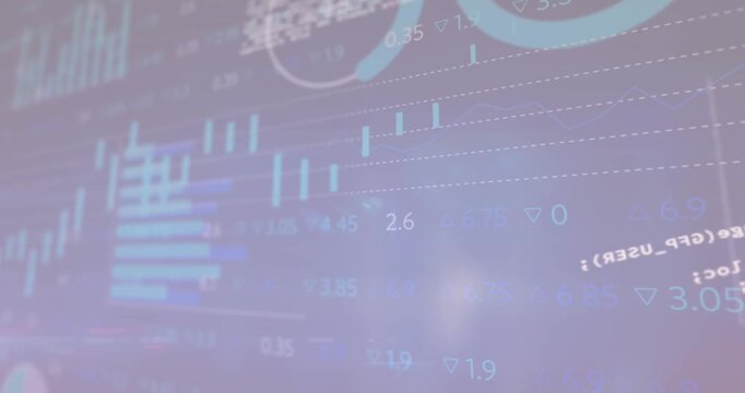 Animation of graphs, loading circles and trading board over computer language on abstract background
