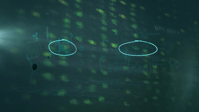 Neon circuits glowing igniting code scrolling cyan circles pulsing morphing arrow boxes for scan