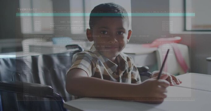 Schoolboy beginning writing in classroom, initiating scrolling code overlay for digital learning