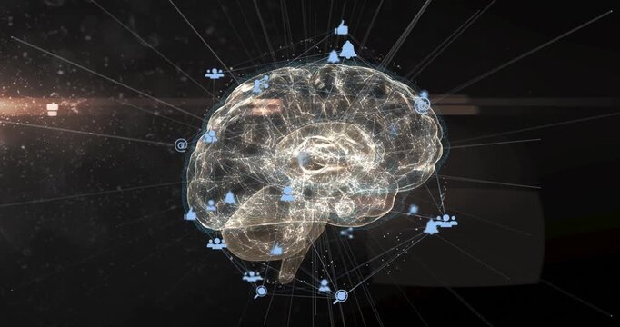 node pulse starting holographic brain spinning while network forming, icons pulsing showing links