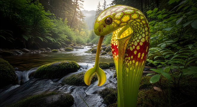 A surreal illustration of a snake-like creature emerging from a carnivorous plant in a lush forest with a serene stream on transparent background