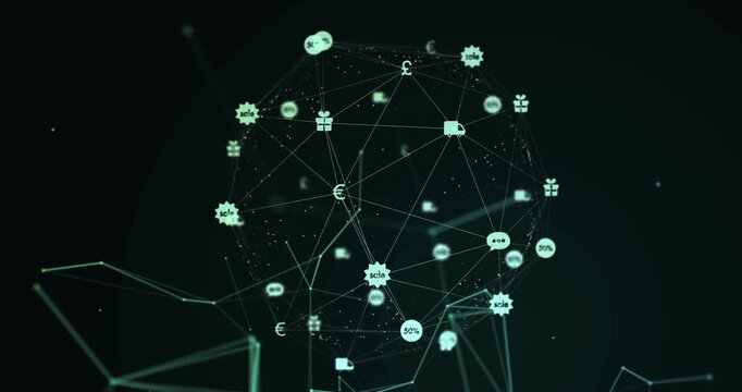 Animation of network of connections with icons over black background