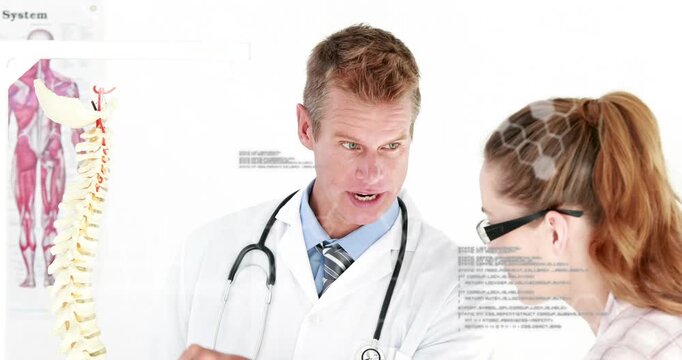 Animation of data processing over two caucasian scientist