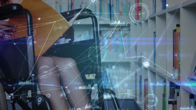 Animation of network of connections over disabled caucasian schoolgirl learning in library