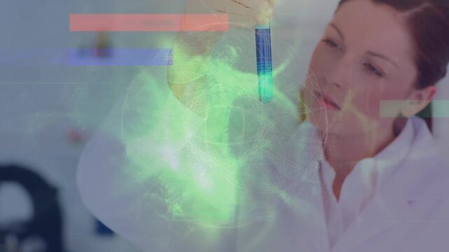 Animation of globe and data processing over diverse scientists in laboratory