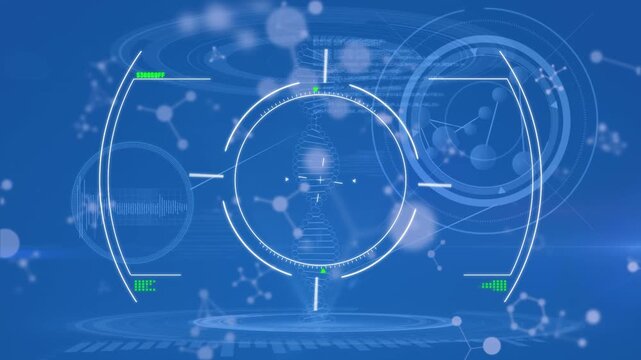 Animation of blue digital screen with viewfinder, scientific data and glitch