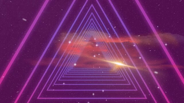 Animation of abstract triangular shape in seamless pattern over shining stars in space