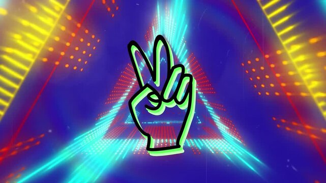 Animation of vector peace hand moving between illuminated colorful triangular shape