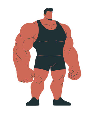 Powerful muscular bodybuilder character in black tank top and shorts, featuring an exaggerated physique and minimalist flat vector design