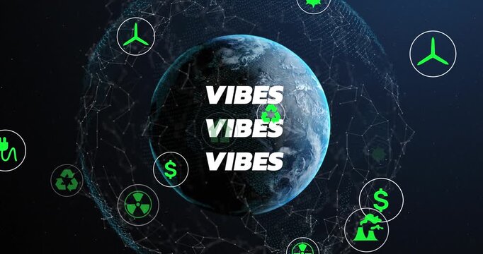 Animation of network of connections with icons over globe and globe on black background