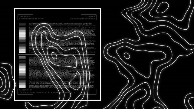 Digital animation showcases spinning topography on neon blue hexagons.