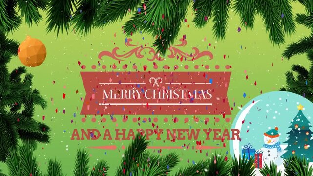 Animation of merry christmas over green background with confetti, fir trees and snow globe