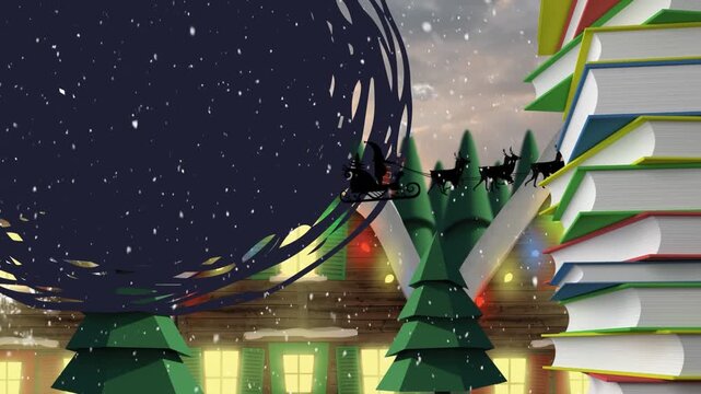 Santa flying his sleigh against a quaint town with a bright moon in the background