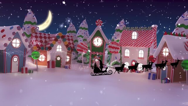 Animation of santa claus in sleigh with reindeer over christmas trees in winter scenery