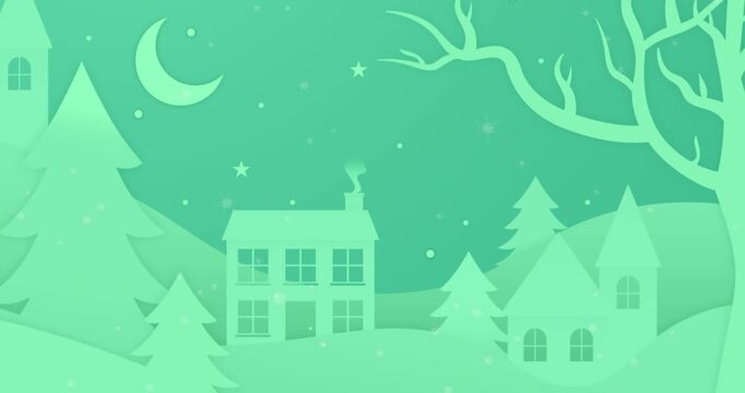 Animation of snow falling over houses and trees on winter landscape with copy space