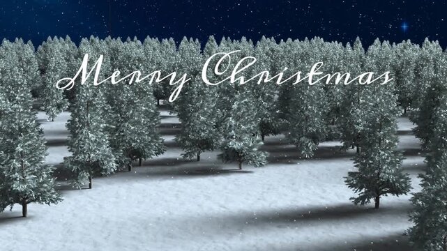 Animation of christmas greetings text over snow falling in winter scenery