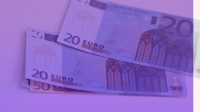 Animation of close up of euro bills falling against purple background