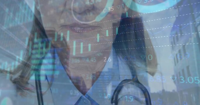 Animation of financial data processing over female doctor